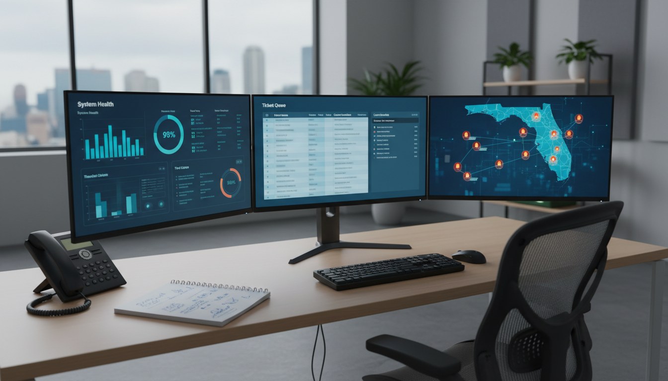 Operations workstation with three monitors showing dashboards, tickets, and a regional map